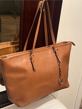 Michael Kors Cognac Saffiano Large Leather Tote with MK Charm